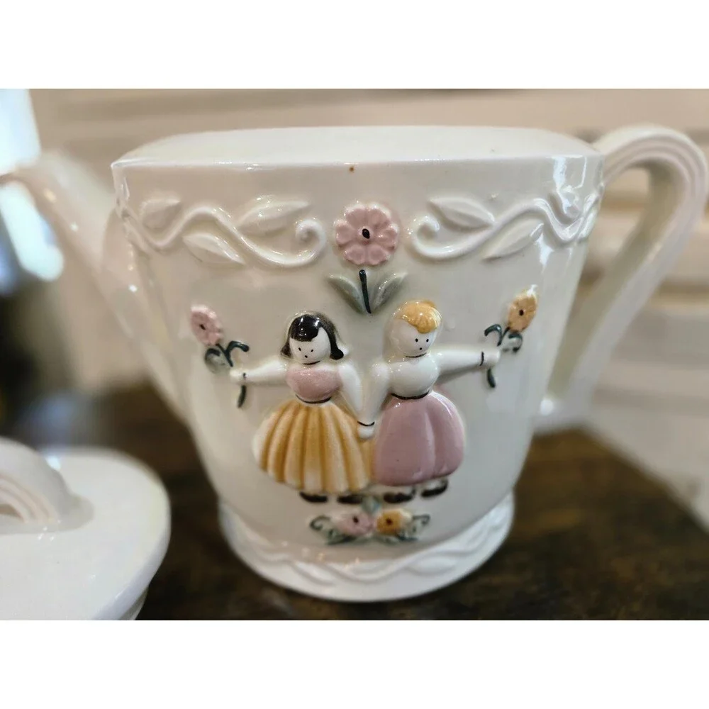 Vintage porcelier vitreous china teapot, Dutch children with‎ flowers
